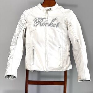JOE ROCKET White Motorcycle Jacket, Silver Embroidered, Size S, EUC Motorbike